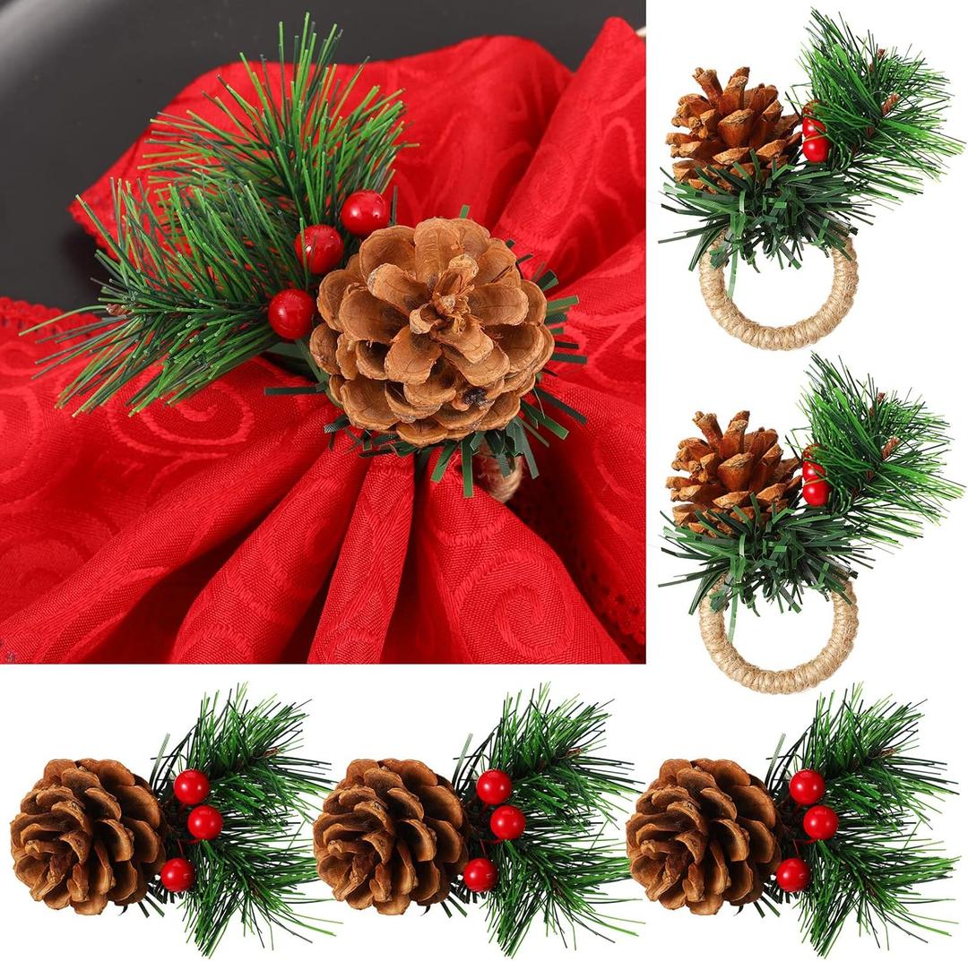 Yungyan 6 Pcs Christmas Pine Cone Napkin Rattan Ring Poinsettia Flower Holder Napkin Ring Berry Xmas Dining Table Supplies for Christmas Wedding Birthday Party Dinner Table Decoration (Vivid Style)