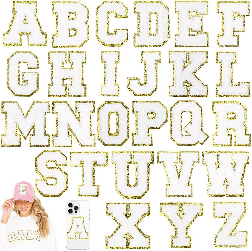 26 Pcs Large White 3 Inch A-Z Chenille Letter Patches, Iron on Letters for Fabric and Clothing, Glitter Embroidery Varsity for Letterman Jacket, Backpacks Hats, Sew or Iron on