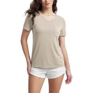 ODODOS Women's Short Sleeve T-Shirts with Pocket - Ultra Soft Relaxed Tee Casual Lounge Yoga Tops, Beige, Medium (M)