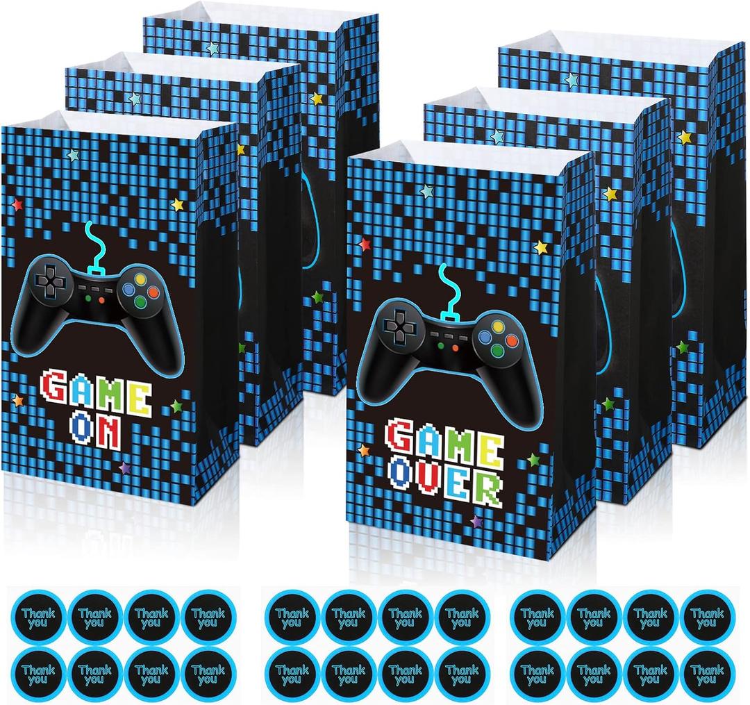 24 Pack Gamer Party Favor Bags Video Game Supplies Theme Candy Goodie Bag Game on Party Bags with Stickers for Kids Birthday Decorations, 8.66 x 5.12 x 3.15 Inches