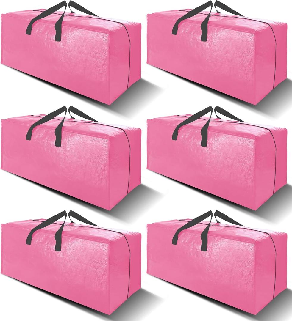 VELVETSURE 6 Pack Heavy Duty Large Moving Bags W/Backpack Straps - Strong Handles & Zippers, Storage Totes For Space Saving, Fold Flat, Alternative to Moving Box and Storage Bin, Pink