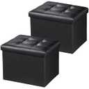 Bsketa 2PC Storage Ottoman, Folding Foot Stool with Thicker Foam Padded Seat Small Leather Storage Ottoman Bench Foot Rest for Living Room Foldable Coffee Table 17x13x13in, Black