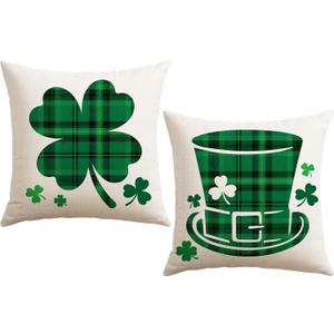 Artscope St Patricks Day Clover Green Hat Throw Pillow Covers 20x20 Inch Set of 2, Buffalo Plaid Shamrock Hat Holiday Decoration Pillow Cases for Home Sofa Couch