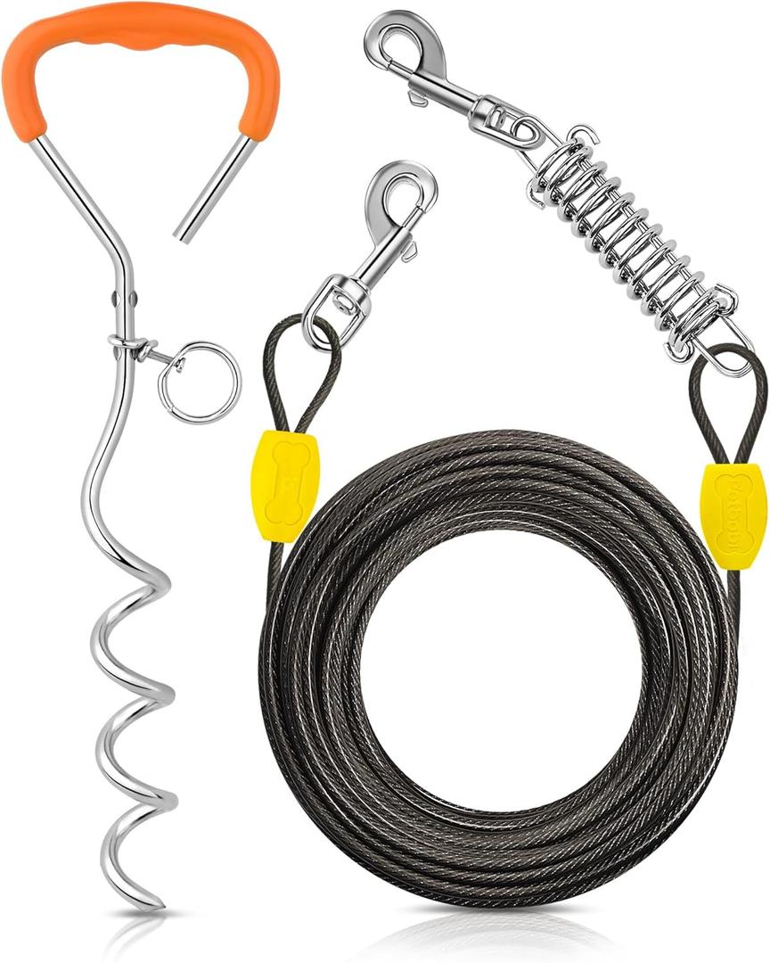 Petbobi Dog Tie-Out Cable and Stake - 50ft Heavy Duty Cable with Spring, No Tangle, 16in Ground Stake, Ideal for Yard, Camping and Beach, Suitable for Medium to Large Dogs Up to 120 lbs, Black