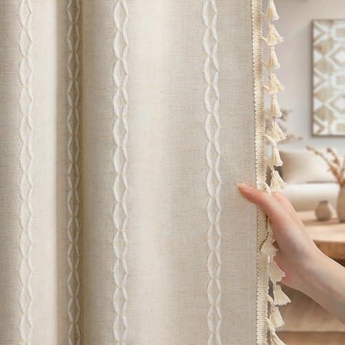 NDDYCU Boho Blackout Curtains Farmhouse Beige 2 Panels Curtains 84 Inch for Living Room, Linen Tassels Curtains Cotton Embroidery for Bedroom Rod Pocket Drapes Vintage Rustic Western Window