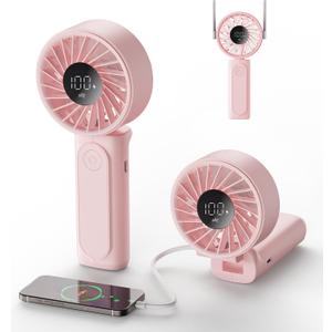 Handheld Portable Fan, 4000mAh USB Rechargeable Personal Fan, 180 Foldable Mini Desk Fan with 6 Wind Speed, LCD Digital Display, Lanyard as Neck Fan, Ultra Quiet (Pink)