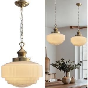 Vintage Milk Glass Pendant Light, 13.8" Brass Color Ceiling Light Fixture, Adjustable Height Chandelier for Kitchen Island, Dining Room, Hallway, Bedroom, Foyer, E26 Bulb Included