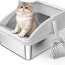 Stainless Steel Litter Box | Metal Kitty Litter Box with Lid High Sided for Small Cats or Injured Cats, Bunny Litter Boxes, Low Entry, Odor-Free, Non-Stick,Includes Scoop (Silver Gray)