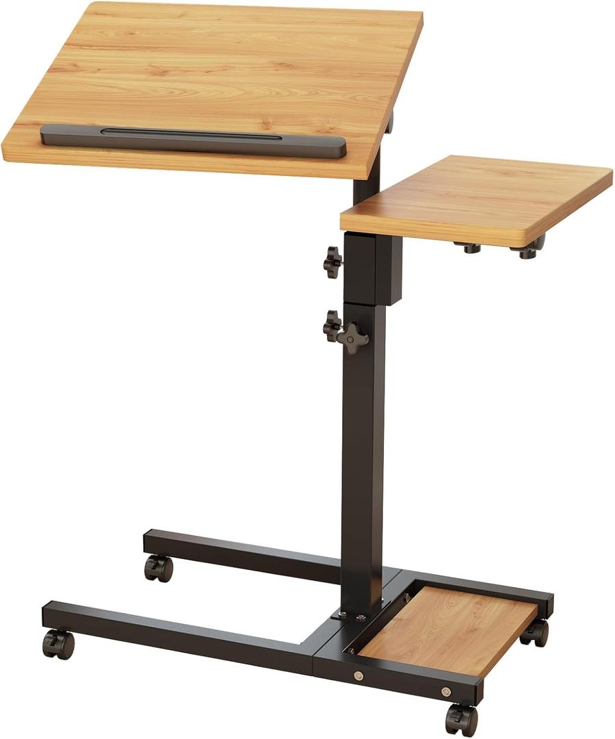 Mobile Height Adjustable Laptop Desk with Mouse Pad, Portable Laptop Desk Rolling Tiltable Table with Small Side Table for Couch,Rolling Computer Stand (Natural Color)