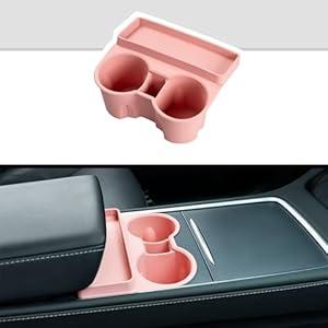 Tesla Model 3 Model Y Cup Holder Insert Center Console Water Cup Limit Clamp, Under Armrest Box Storage Tray Key Card Sunglasses Holder for Tesla Accessories (Pink) 