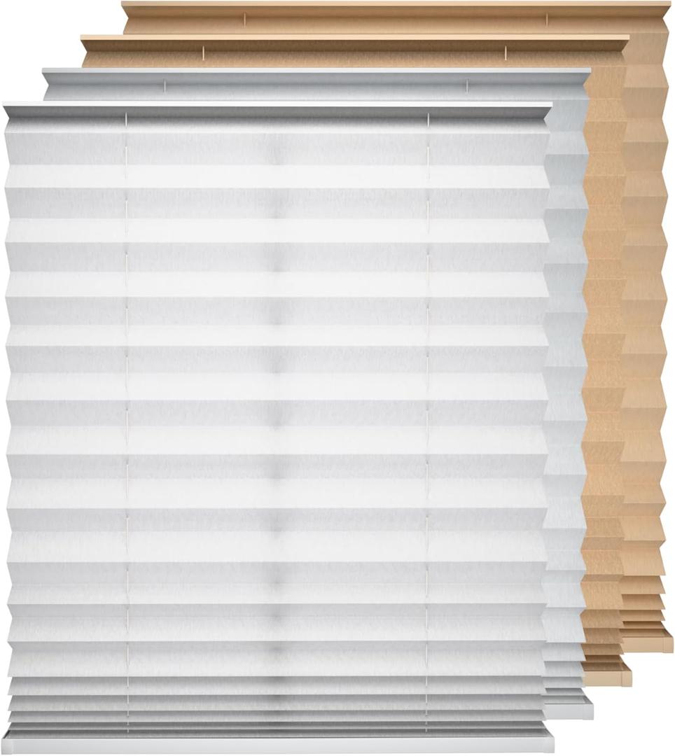 Cordless Pleated Fabric Shades for Indoor Windows, Cut to Size, Easy Install Self Adhesive, No Drills No Tools, Blackout Blinds, Color: White - Blackout, Size: 31" W x 64" L