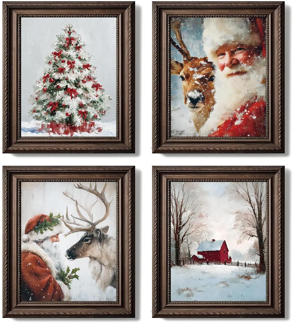 YZSLA Vintage Christmas Santa Reindeer Wall Art Prints, Farmhouse Winter Xmas Tree Poster Art Prints, Rustic Christmas Wall Decorations for Home Bedroom Room Decor, 8x10 Inches Unframed Set of 4