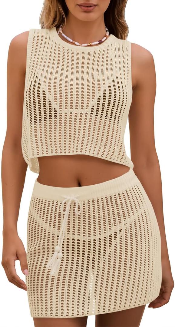 Fisoew Womens 2 Piece Crochet Sets Sleeveless Crop Tops Cover Up Beach Mini Skirt Outfits Vacation Sets (Beige, L)