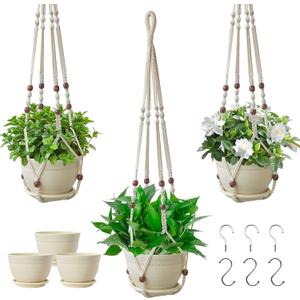Macrame Plant Hanger with Pot, 3 Set Hanging Planters for Indoor Plants, Handmade Cotton Rope Boho Home Decor, Idea Gift for Anyone, Includes Plant Holders, Pots, Plates and Hooks (Ivory)