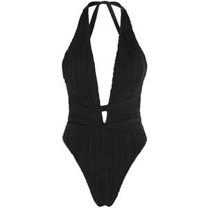 ZAFUL Women's One Piece Swimsuit Deep V Neck Ribbed Self Tie Sexy High Cut Bathing Suit Crisscross Back Swimwear, L