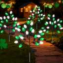 Glooglitter 4 Pcs ST Patricks Day Solar Pathway Lights Outdoor Decorations 28" Irish Shamrock Stake Light Waterproof Yard 8 Modes 80 LEDs Green White Tree for Walkway Path Garden Patio Decor