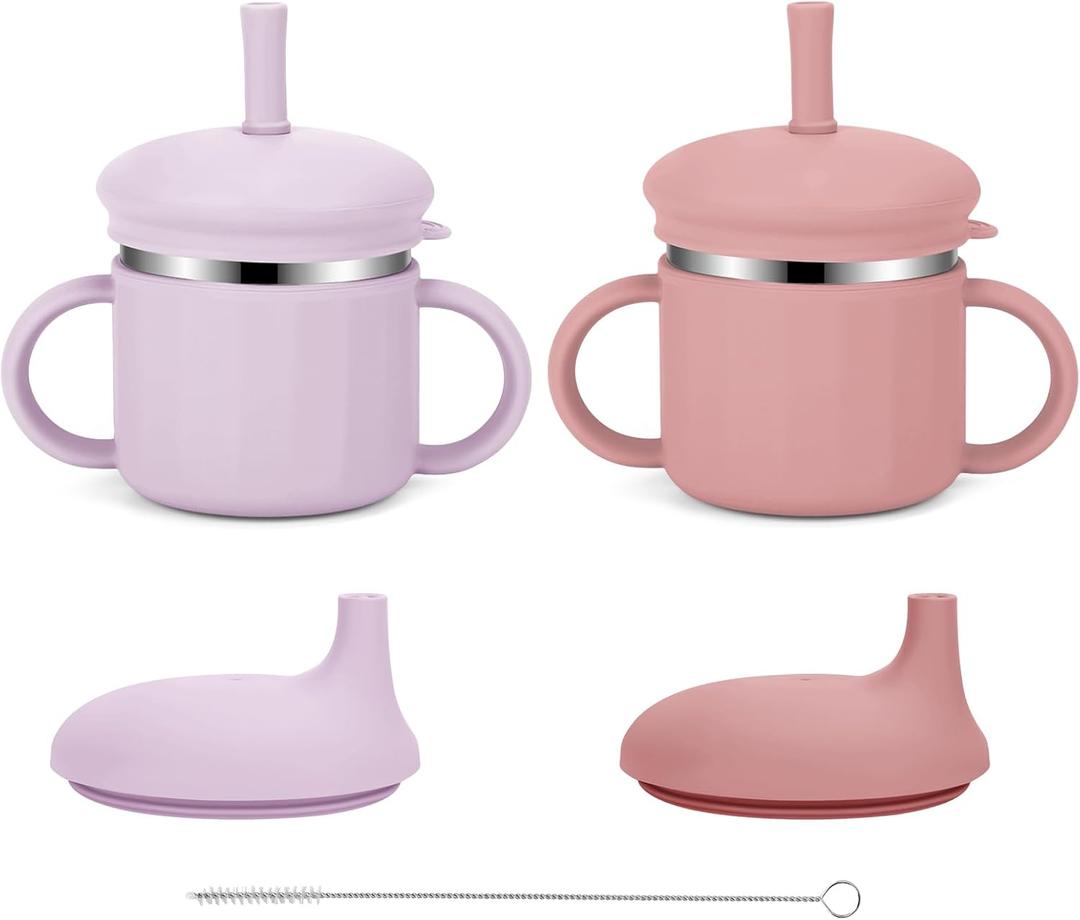 Upgrade Stainless Steel Baby Sippy Cups, 7.4 Oz Spill Proof Toddler Straw Cups, 3 Stages Training Cup for Toddlers 1-3 Year, Kid Cups with Silicone Sheel and Straws (Coral+Purple)