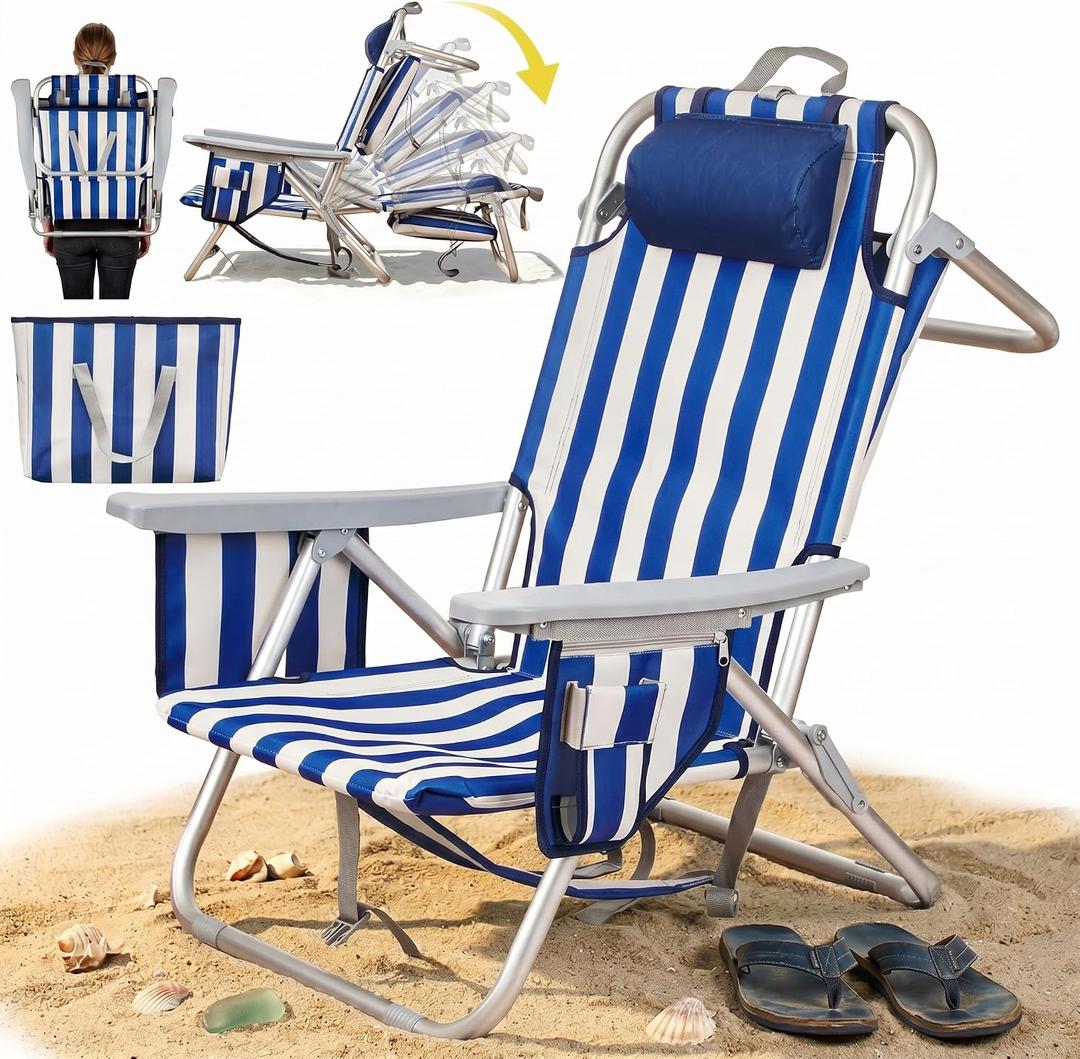 Aluminum Backpack Low Profile Beach Chair - 5-Position Lay Flat Reclining Folding Chair with Removable Cooler Bag - Heavy Duty 330 lbs Capacity, Lightweight Portable Sand Seat(1, Stripe Blue)