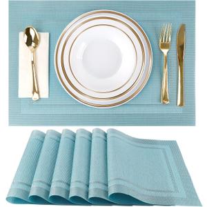 Blue Placemats Set of 6, Woven Vinyl PVC Place Mats for Dining Table, Heat Resistant Washable Table Mats, 17 x 12 in