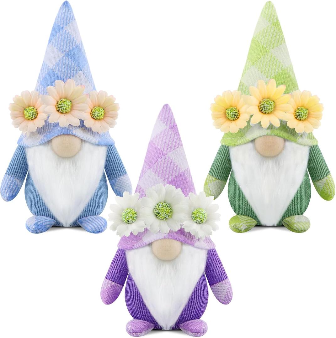 Gehydy Set of 3 Spring Gnomes Decoration Flowers Summer Easter Gnome Plush Stuffed Handmade Decor for Home Kitchen Tiered Tray