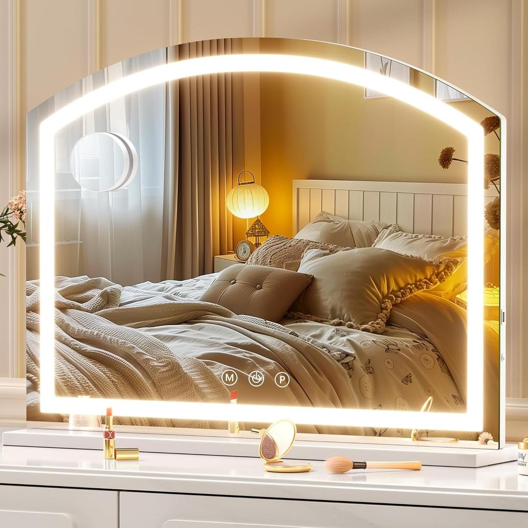 Hasipu Arch Vanity Mirror with Light, Arched Led Makeup Mirror with 10X Magnification, Tabletop Desk Mirror with USB Charging Port, Dimmable 3 Colors Mode, 32" x 24" Inch (White)
