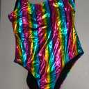 SHEKINI Women's Metallic Shiny Bathing Suit Scoop Neck Backless One Piece Swimsuits (X-Large, Rainbow)
