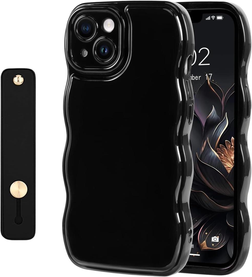 NITITOP Compatible with iPhone 15 Case Cute Simple Wave Design Stylish Wavy Curly Frame with Wrist Adjustable Hand Strap Kickstand Grip Holder Soft Silicone Protective Cover - Black
