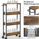 4 Tier Slim Rolling Storage Cart Narrow Space Utility Cart with Handle Metal Frame with Wood Top Table Sturdy Cart Organizers and Storage for Kitchen Bathroom Laundry Office, 5.1 Inches Deep Black