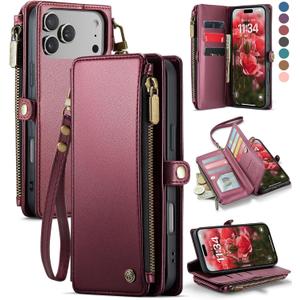 Defencase for iPhone 17 Pro Max Case Wallet with RFID Blocking Card Holder for Women and Men, Fashion PU Leather Magnetic Snap Flip Zipper Strap Wallet Phone Case for iPhone 17 Pro Max 6.9", Wine Red
