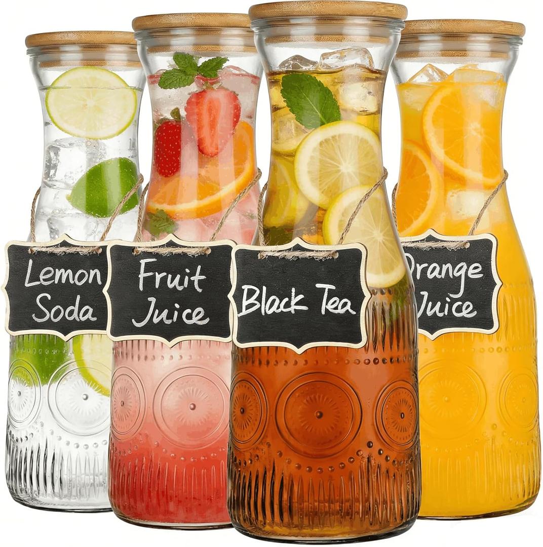 YOUEON 4 Pack Glass Carafe with Lid, 1 Liter Beverage Pitchers Carafes for Mimosa Bar with Bamboo Lids and Chalkboard Tags, Clear Water Juice Carafe, Wide Mouth & Easy to Grip