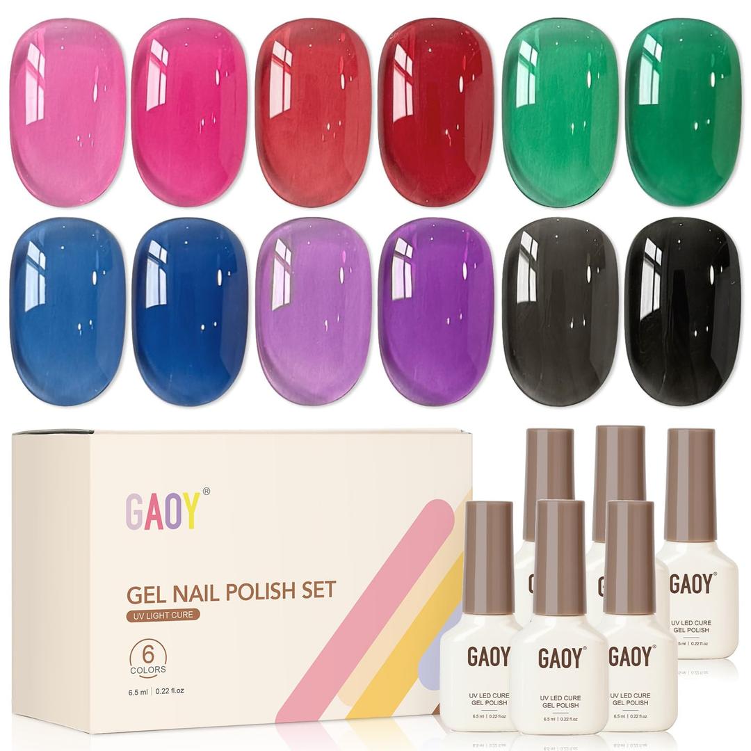GAOY Jelly Red Black Gel Nail Polish Set, 6 Transparent Colors Green Blue Pink, UV Light Cure Gel Polish Kit for Nail Art DIY at Home