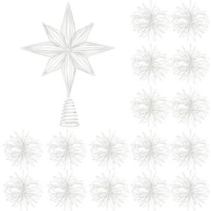 Barydat 17 Pcs Christmas Tree Decorations Set Glitter Star Christmas Tree Topper Metal Xmas Treetop with 16 Hanging Flower Christmas Balls Ornaments for Holiday Xmas Tree Party Decoration (White)