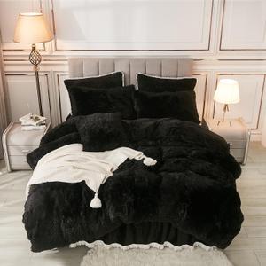 annadaif Plush Black Duvet Cover Queen, Fluffy Soft Faux Fur Velvet Comforter Cover, Luxury Fuzzy Shaggy Bedding Sets 3 Pieces(1 Duvet Cover,2 Pillowcases), Zipper Closure