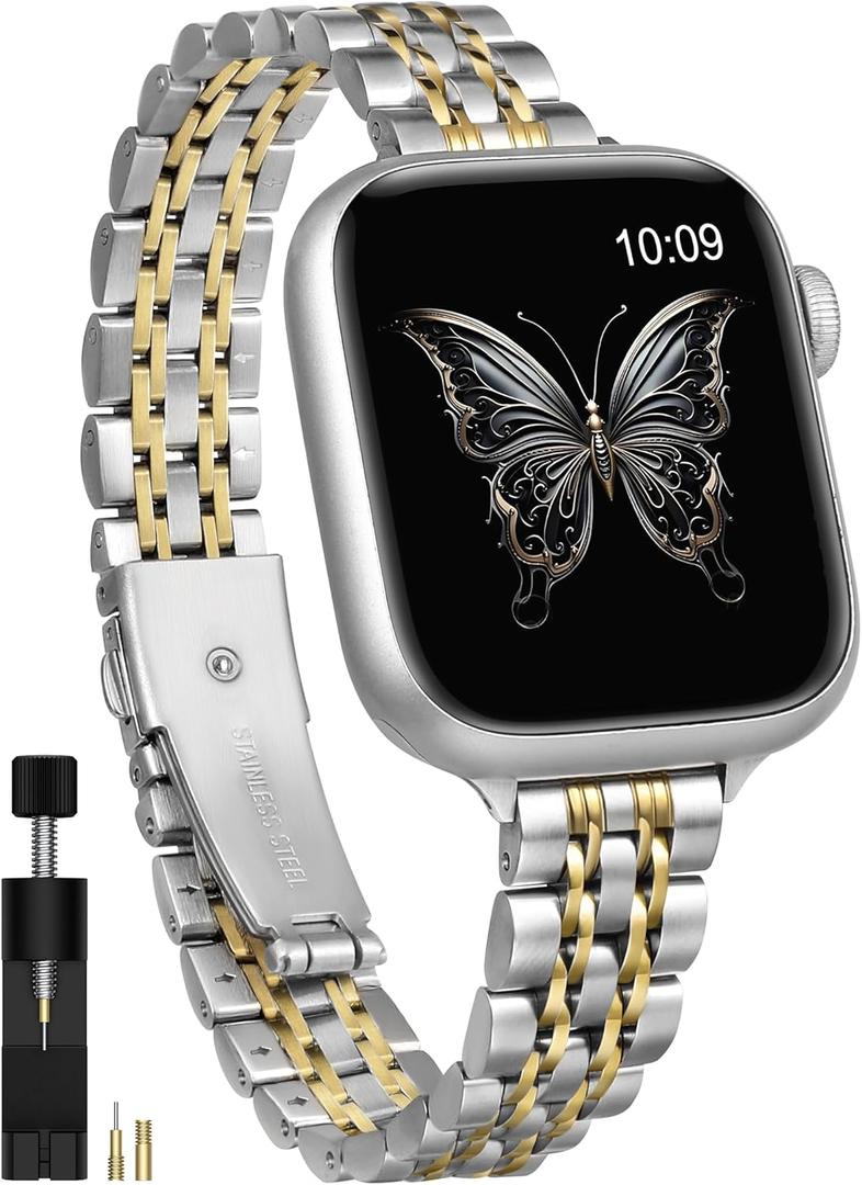 Moolia Slim Metal Band Compatible with Apple Watch Band 42/41/40/38/46/45/44/49mm Modern Design Elegant Luxury Women Replacement Bracelet for iWatch Series 11 10 9 8 7 6 5 4 3 2 1 SE/Ultra(1/2/3) (Silver/Gold)