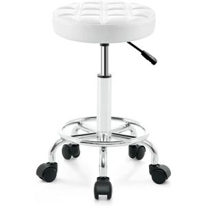 Rolling Stool with Wheels - Swivel Small Office Chair with Footrest, PU Leather Shop Stool for Office Spa Studio Lab Counter Salon Home Work Bar Kitchen Shop Teach Medical Facial, White