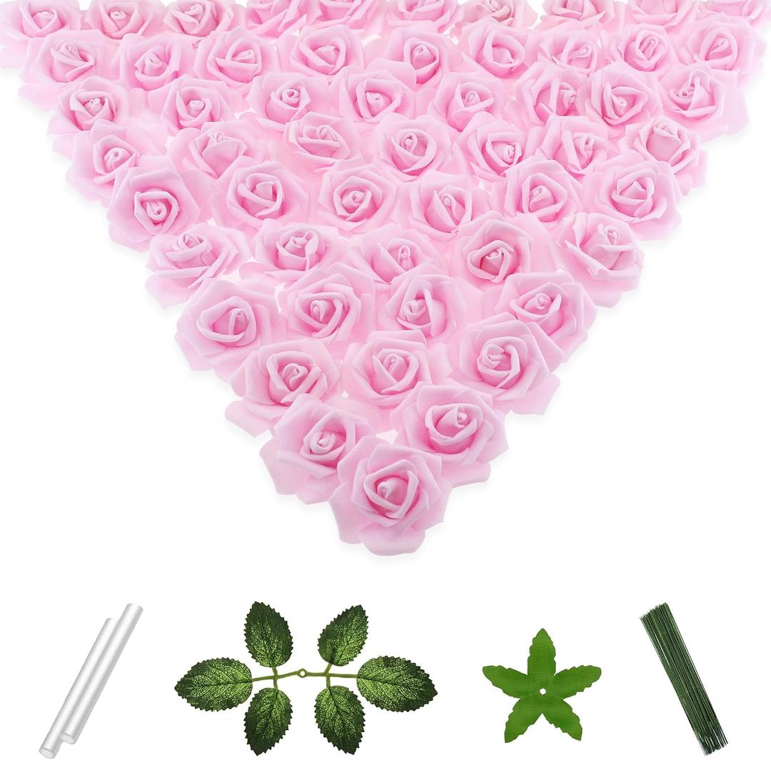 100 Pcs 2 Inch Artificial Flowers Faux Foam Fake Rose Head Bulk for Home Decor Wedding Decoration Bridal Shower Wall Table Centerpiece Arrangement DIY Craft (Light Pink)
