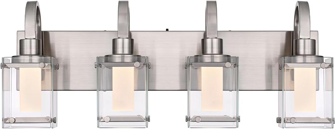 4-Light Brushed Nickel Vanity Light Fixtures, Modern LED Bathroom Wall Lights for Dressing Room, Integrated LED Chips with Frosted Column & Clear Square Glass Shades, Energy Saving Wall Sconce