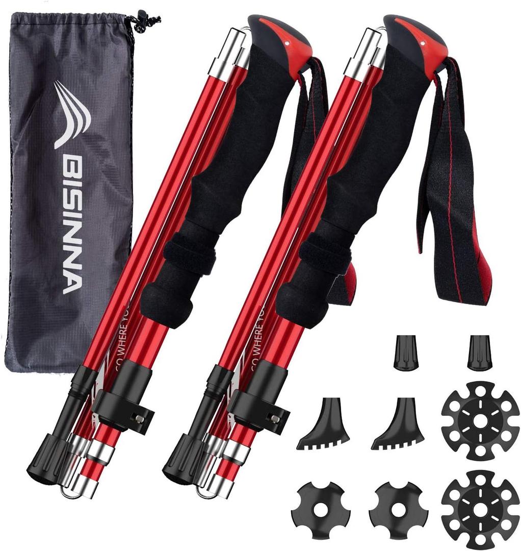 BISINNA Collapsible Trekking Hiking Poles- 2 Pack Folding Aluminum Walking Sticks with Quick Lock System 4 Season Accessories,Telescopic, Adjustable, Lightweight for Men Women (Red 95-110cm)