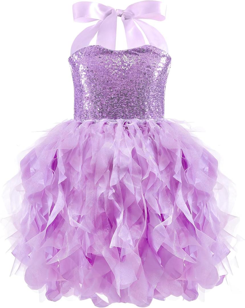 Girls Tutu Dress Sequin Tulle Dress Ruffle Curly Willow Dresses for Fancy Sparkly Birthday Party Outfit(4-5T, Purple)