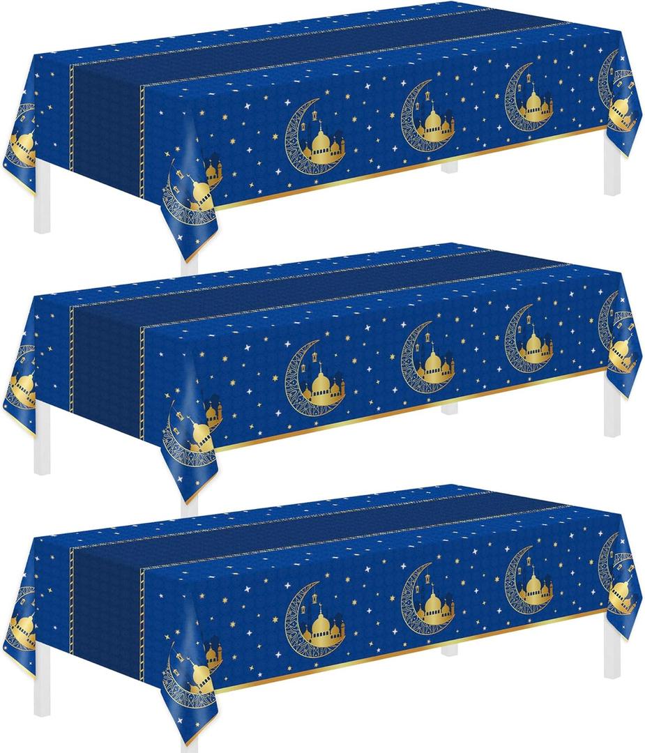 Childom 3 Pack Ramadan Table Cloth,Ramadan Decorations for Home,54" x 108" Eid Mubarak Decorations,Eid Ramadan Tablecloths Rectangular,Blue Plastic Table Cloth Disposable Table Cover for Party Favors