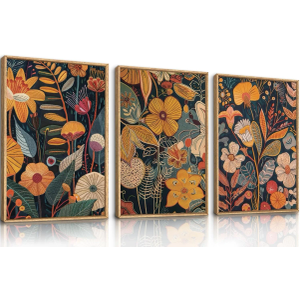 Vintage Burnt Orange Floral Framed Canvas Wall Art Set of 3, Boho Black and White Flower Artwork, Mid Century Modern Plant Wall Decor, Colorful Neutral Botanical Art Prints for Bedroom Living Room Office 16"x24"