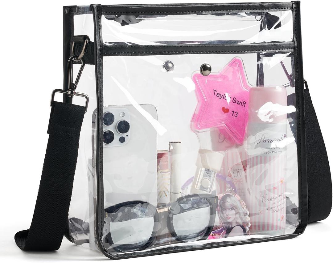 Bluome Clear Bag for Stadium Events 12 x6 x12, Clear Crossbody Purses for Women Concerts Stadium Approved Work Beach (Black)