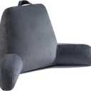 Reading Pillow for Sitting in Bed Adult, X-Large Reading Pillow with Shredded Memory Foam, Back Pillow for Sitting Up with Extend Arms, Pockets, Bed Pillow with Washable Cover, Grey