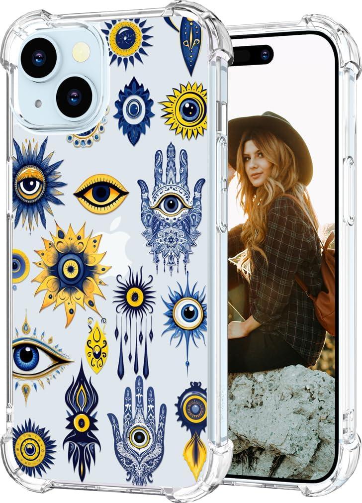 Hungo Compatible for iPhone 15 Plus Case for Women Clear Design Cute Geometry Religion,Girly Girls Hamsa Hand Evil Eyes Eye of Providence