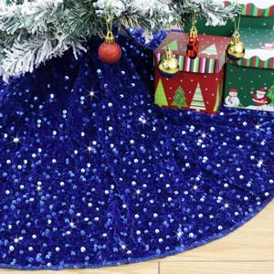 36 Inch Royal Blue Christmas Tree Skirt Sparkly Velvet Xmas Tree Skirts Glitter Tree Skirt Christmas Decoration Sequin Metallic Tree Skirts Round Tree Mat for Christmas Eve Party New Year
