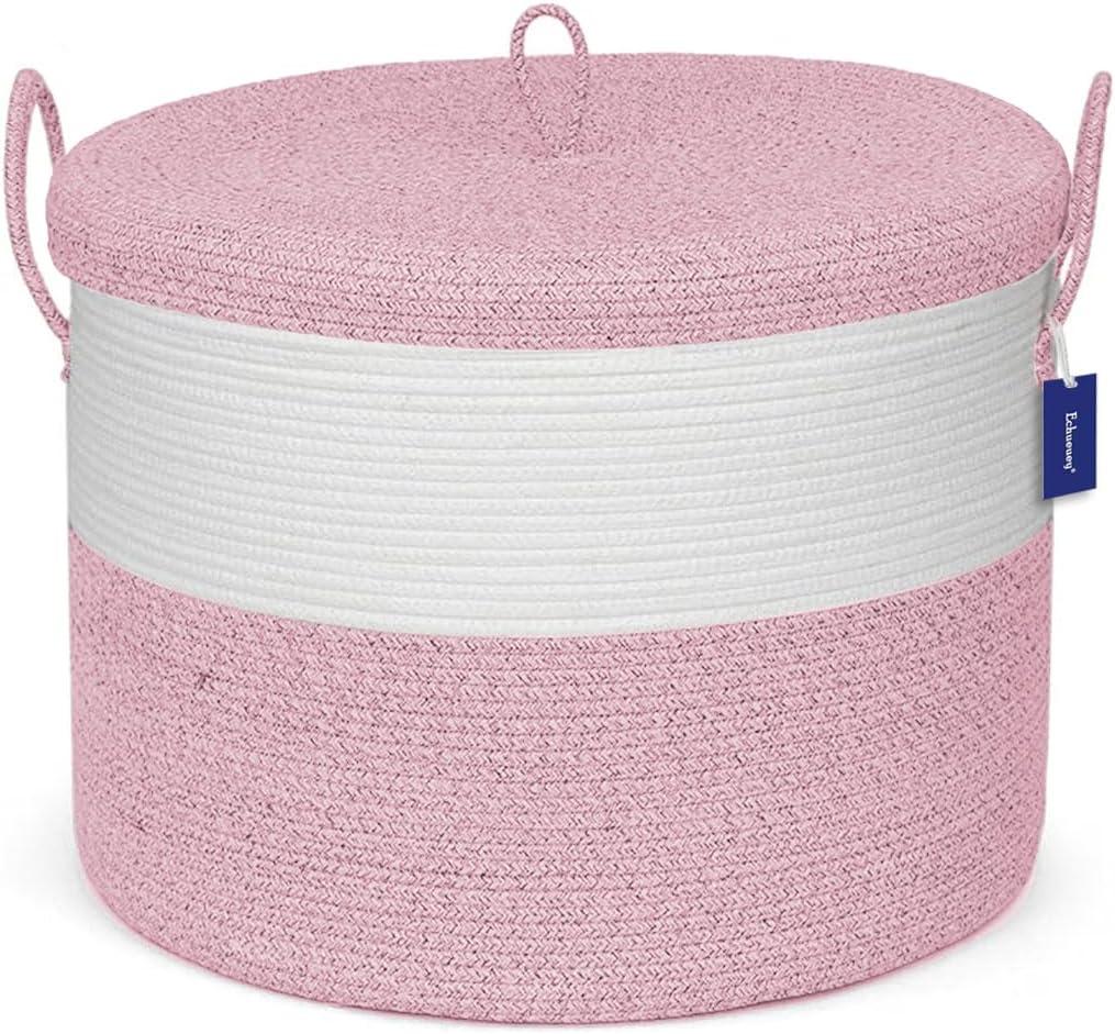 21" X 18" Extra Large Storage Baskets, Eco-Friendly Decorative Blanket Basket With Lid For Living Room, Rope Baskets With Lid, Wicker Hamper For Bedroom, Big, Round, Pink 115L
