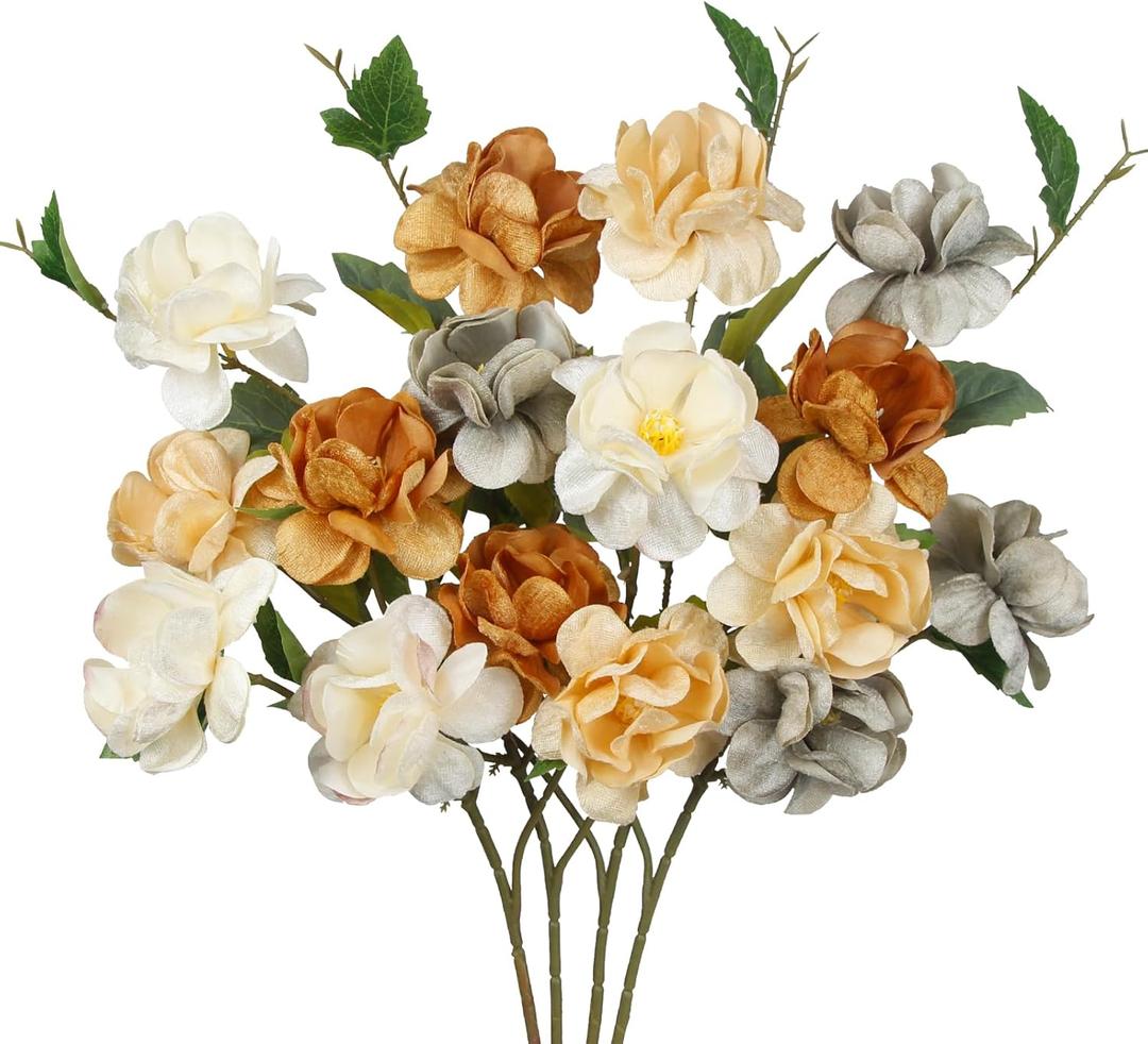 CISDUEO 4 Pcs Silk Peonies Artificial Flowers Long Stem Artificial Peonies Fall Bouquet Faux Flowers Bulk with Stems for Vase Floral Arrangements Table Centerpieces Wedding Party Farmhouse Decoration (Gray, Orange, Beige, Light Yellow)