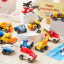 JOYIN 24 Pcs Valentine's Day Mini Truck Building Blocks with Cards, Small Fire Truck, City Police Car, Construction Vehicle for Kids, Valentines Day Gift Exchange, Classroom Party Favor Prize