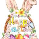 Wooden Easter Decoration, Door Wreath for Front Door, Sign Wall Signs, Rabbit Spring Decoration, Hollow Bunny Sign, Flower Egg Welcome Hanging, Home Wall Decor, Outdoor Indoor Porch, Happy Easter