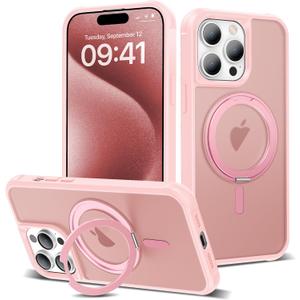 Designed for iPhone 15 Pro Max Case with 360 Rotatable Magnetic Ring Stand [Compatible Mag-Safe] [Military Grade Protection] Translucent Matte Phone Cases for Women Men 6.7'', Pink